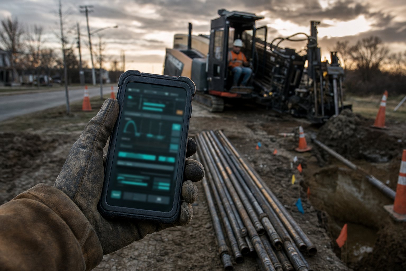 From Paper Bore Logs to a Field Operating System: a gloved hand holding a rugged phone running a bore logging app on an active directional boring job site