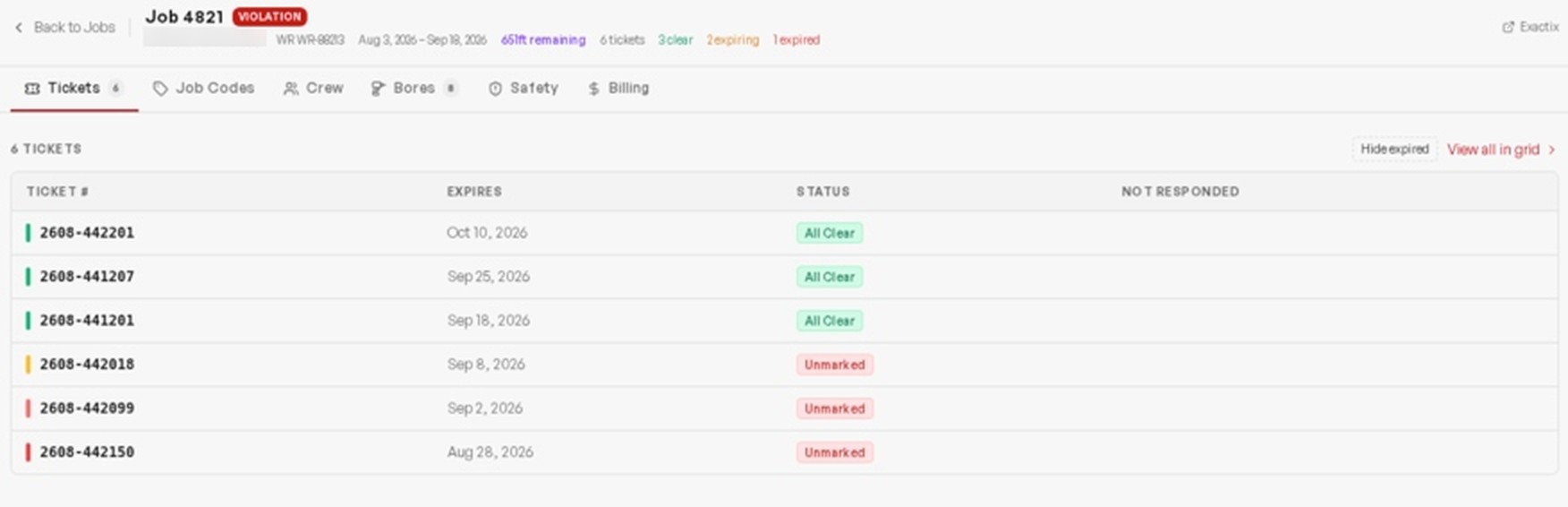 The Tickets tab of a job record, listing six utility-locate tickets with expiration dates and color-coded All Clear and Unmarked status badges, and a Violation flag on the job header