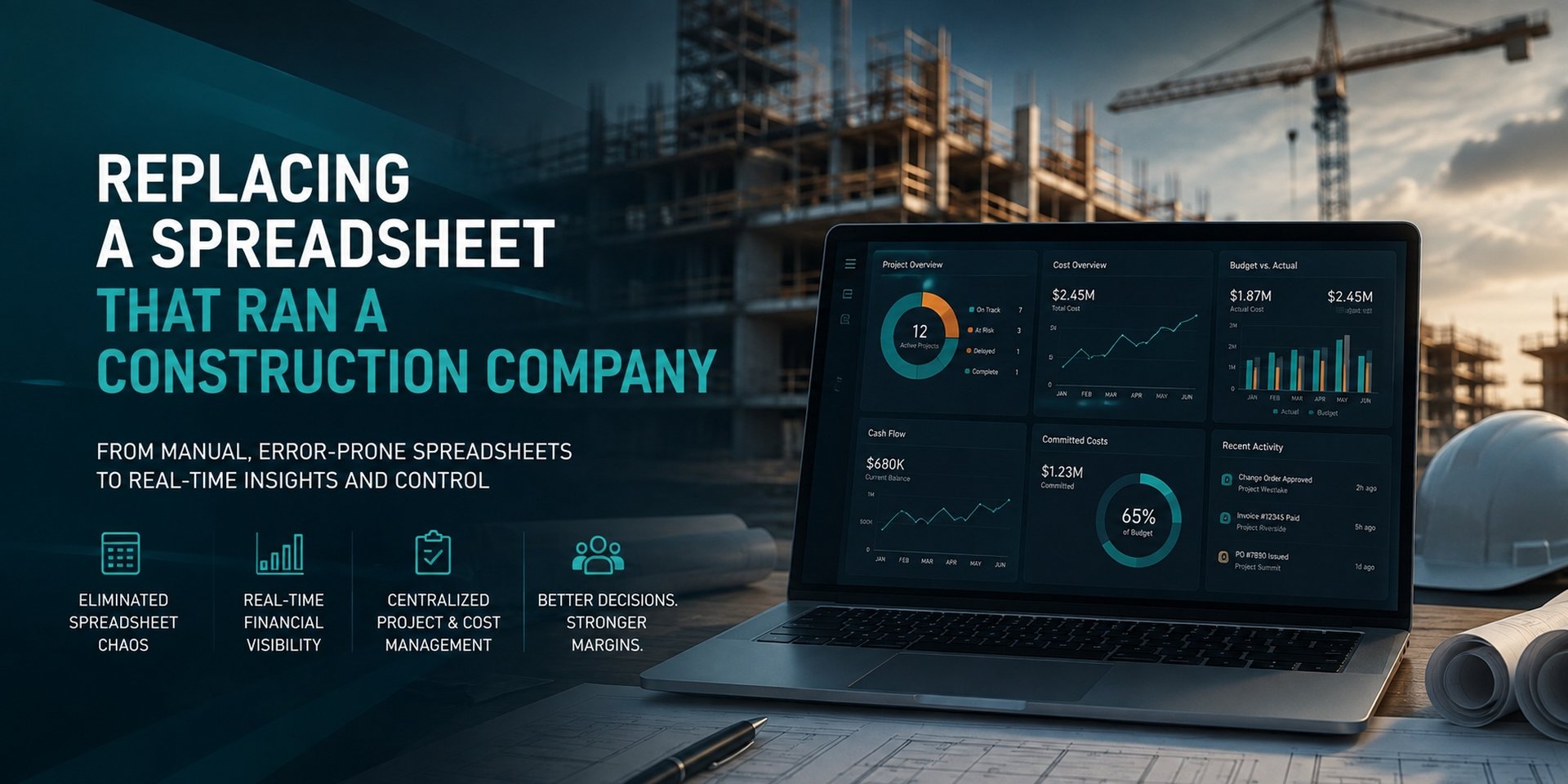 Replacing a Spreadsheet That Ran a Construction Company: a laptop showing a financial dashboard against an active construction site